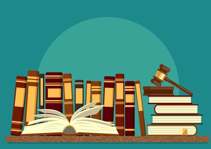 Books on shelf with open book and judge gavel on teal background. Legal, juridical education. Jurisprudence studying, law theory. Vector illustration.