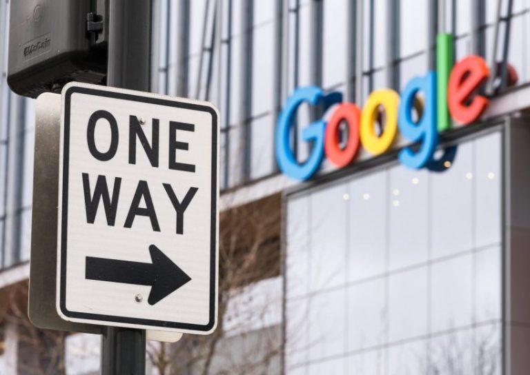 Seattle, USA - Feb 4, 2020: A one way street sign by the new Google building in the south lake union area late in the day.