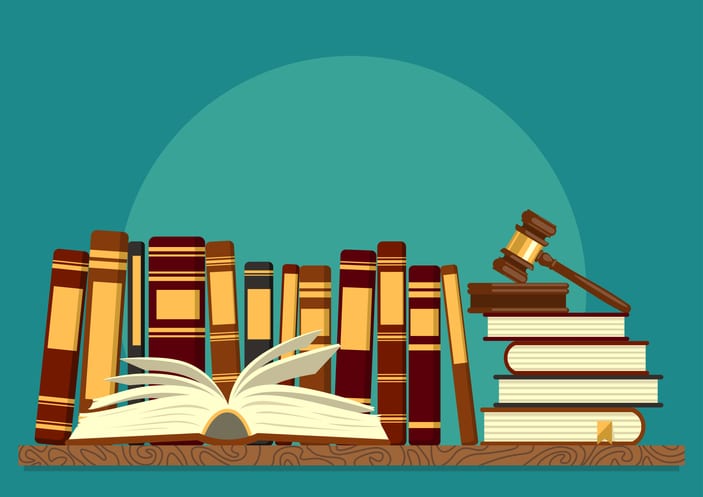 Books on shelf with open book and judge gavel Books on shelf with open book and judge gavel on teal background. Legal, juridical education. Jurisprudence studying, law theory. Vector illustration.