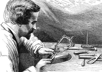 machinist file tools artisan workbench metal work 49590068 420 19th century illustration of filling - frequent operation in jewel making. Published in 'The Practical Magazine, an Illustrated Cyclopedia of Industrial News, Inventions and Improvements, collected from foreign and British sources for the use of those concerned in raw materials, machinery, manufactures, building, and decoration.' (Wedwood, Watt & Co./ W.P. Bennett & Co., London/Birmingham, 1873).