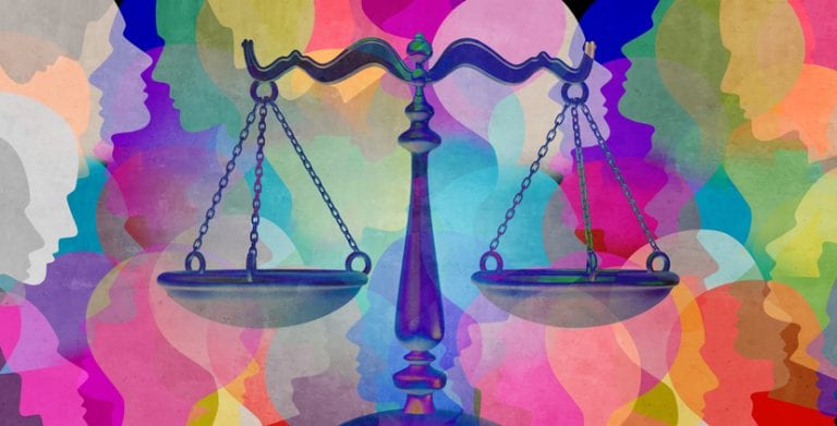 Social Justice Together Social justice together as a crowd of diverse people with a law symbol representing community legislation and equal rights or legal lawyer icon with 3D illustration elements.