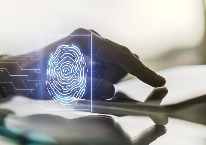 Multi exposure of abstract graphic fingerprint sketch and hand working with a digital tablet on background, fingerprint scan data concept Multi exposure of abstract graphic fingerprint sketch and hand working with a digital tablet on background, fingerprint scan data concept