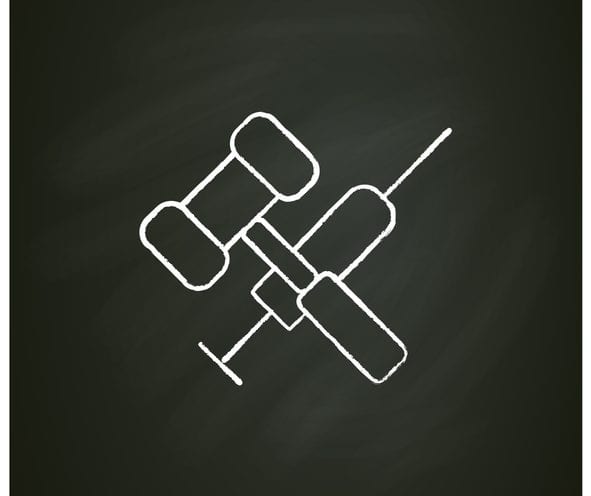 Vaccination law chalk icon. Stop mandatory vaccination. Judge gavel and syringe. Legal requirements of vaccine development. Pandemic fight, covid19 vaccine. Isolated vector illustration on chalkboard
