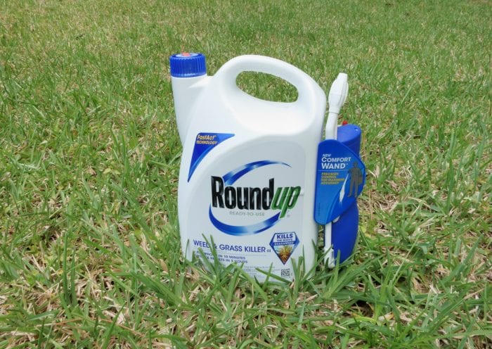 West Palm Beach, USA - April 29, 2013: A container of Roundup Weed and Grass Killer on a grass lawn. Roundup is a popular gardening and landscaping product that is manufactured by the Scotts Company LLC.