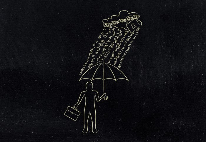 man with umbrella under binary code rain, data breach protection data breah protection concept: business man with umbrella under a rain of binary code from digital cloud with lock & chain
