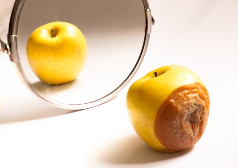 apple-in-good-condition-looking-at-itself-in-the-mirror-while-its-is-picture-id1225356870