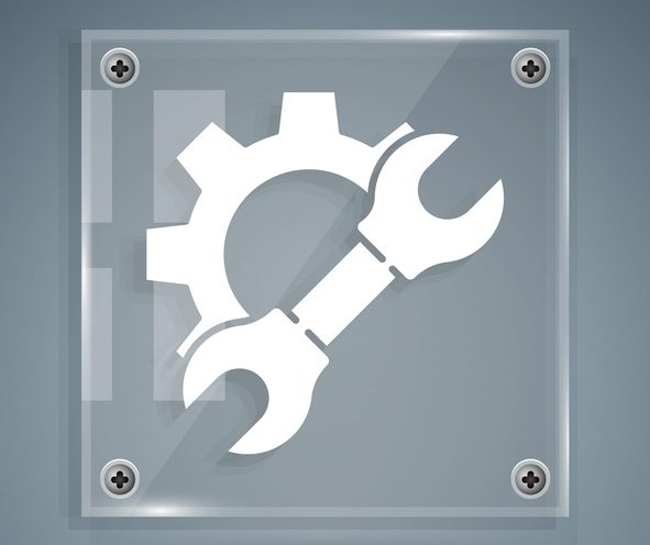 White Wrench spanner and gear icon isolated on grey background. Adjusting, service, setting, maintenance, repair, fixing. Square glass panels. Vector Illustration White Wrench spanner and gear icon isolated on grey background. Adjusting, service, setting, maintenance, repair, fixing. Square glass panels. Vector Illustration