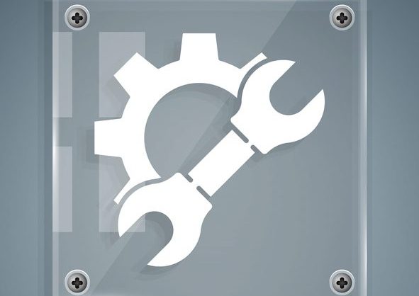 White Wrench spanner and gear icon isolated on grey background. Adjusting, service, setting, maintenance, repair, fixing. Square glass panels. Vector Illustration