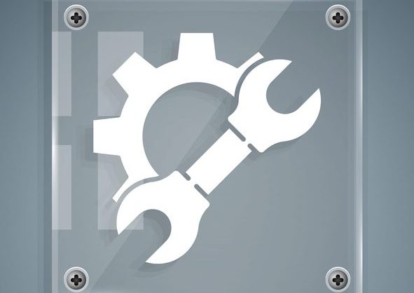 White Wrench spanner and gear icon isolated on grey background. Adjusting, service, setting, maintenance, repair, fixing. Square glass panels. Vector Illustration White Wrench spanner and gear icon isolated on grey background. Adjusting, service, setting, maintenance, repair, fixing. Square glass panels. Vector Illustration