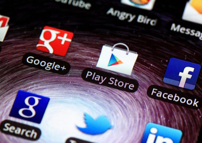 Applications on Android "Hong Kong, China - March, 19 2012: A close-up of a Samsung Galaxy S II Android screen with social media applications of Google Plus, Facebook, Play Store and Google Search."
