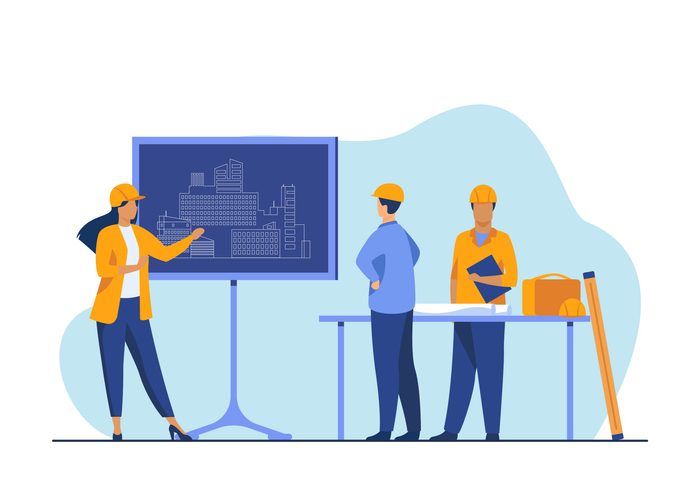 Female engineer standing near chalkboard explaining project. Draft, building, worker flat vector illustration. Construction and architecture concept for banner, website design or landing web page