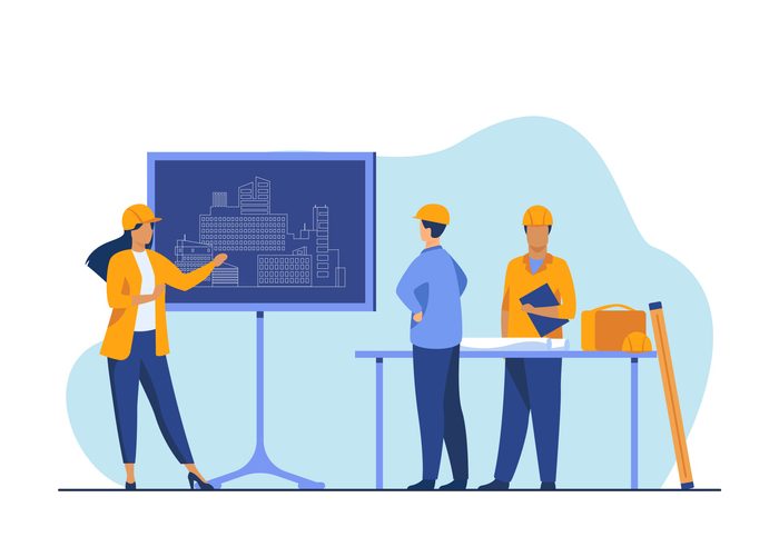 Female engineer standing near chalkboard explaining project Female engineer standing near chalkboard explaining project. Draft, building, worker flat vector illustration. Construction and architecture concept for banner, website design or landing web page