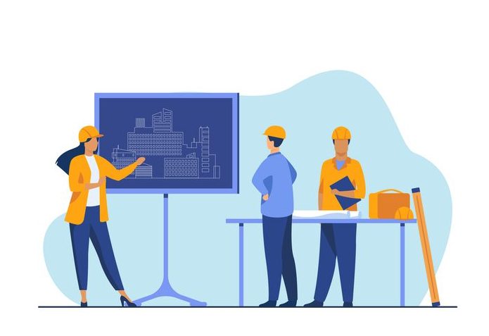 Female engineer standing near chalkboard explaining project Female engineer standing near chalkboard explaining project. Draft, building, worker flat vector illustration. Construction and architecture concept for banner, website design or landing web page
