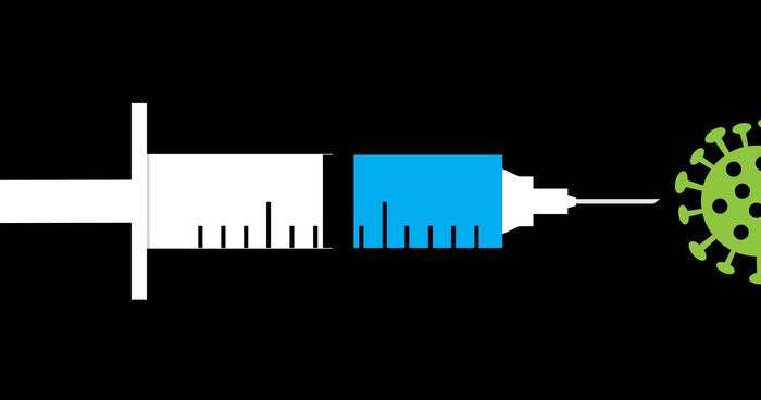 Coronavirus Vaccine Syringe Icon Vector illustration of a syringe pointing of at a green coronavirus icon.