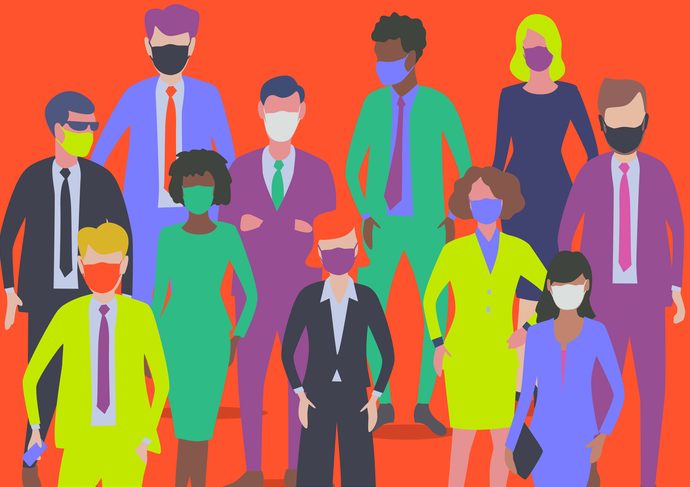 Professional or Business people with Face Masks Flat style Vector Illustration, set of diverse Professional or Business characters. businessman, businesswoman, busy, Occupation, commuter, finance, Covid-19, pandemic, protective face mask,