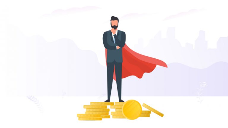 A businessman standing on a mountain of coins. Business profitability concept. Businessman stands on a mountain of gold coins. Vector. Vector illustration for your design