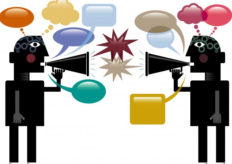 Two stylized figures with megaphones arguing with each other.