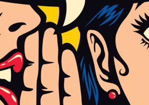 Comic strip style women, one whispering in the other's ear.