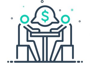 Two people at a table negotiating over money