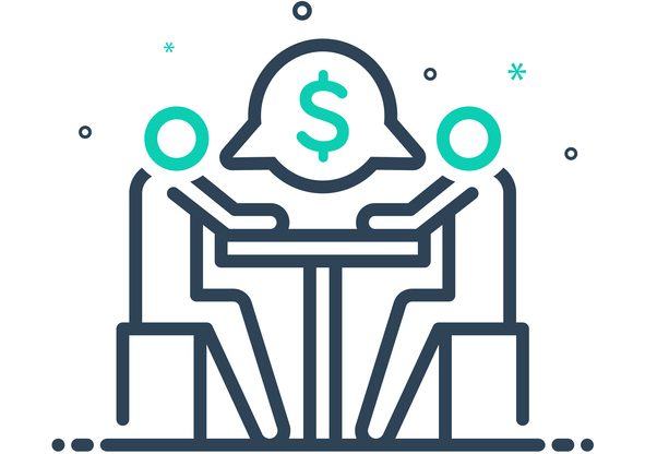 Negotiation arbitration Two people at a table negotiating over money