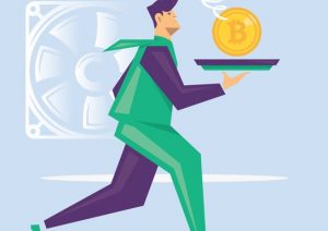 Man running, delivering a bit coin a plate.