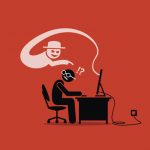 Silhouette person at computer, with ghost-like figure sneaking up from behind.