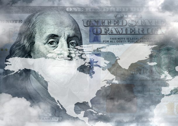 Silhouette map of U.S. superimposed over image of Ben Franklin ion currency