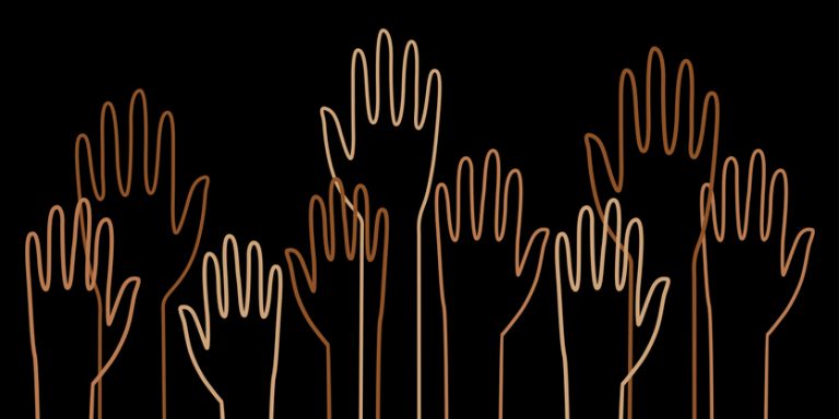 Vector illustration of diverse outlined hands on a black background.