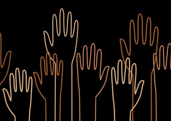 Vector illustration of diverse outlined hands on a black background.