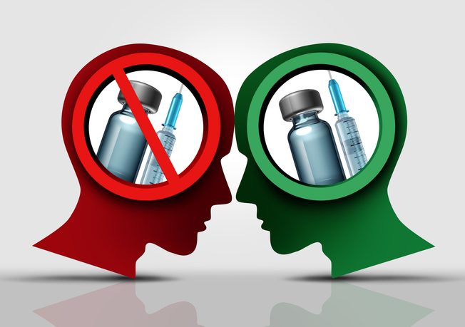 Vaccine And Politics Vaccine and politics polarisation as unvaccinated or vaccinated and anti-vaxxer or individuals that oppose healthy mandates and taking the vaccines with 3D illustration elements.