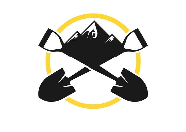 Crossed spades in front of stylized mountain logo.
