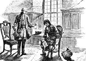 Antique line drawing of someone being in a chair being questinoned