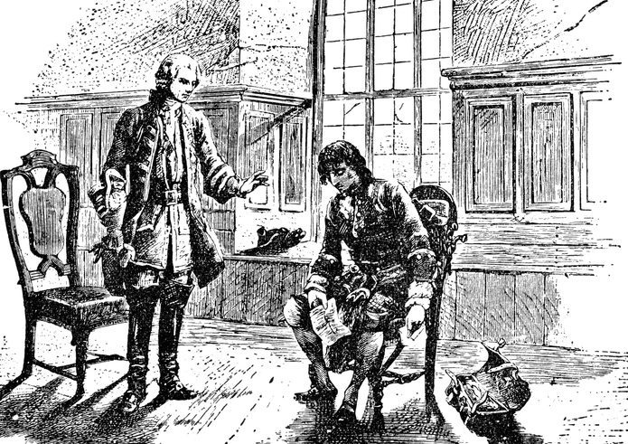 General Sir Henry Clinton Interrogates Sergeant Major John Champe About is Defection - 18th Century Antique line drawing of someone being in a chair being questinoned