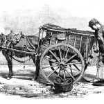 Man with mule cart retro line drawing.