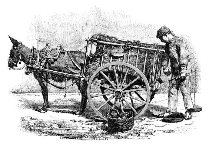 Salesman selling coal with donkey in Valencia Spain 1874 Man with mule cart retro line drawing.