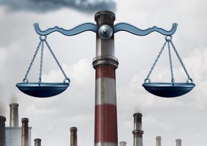 Industrial smokestacks in background, justice scales mounted on big stack in foreground.