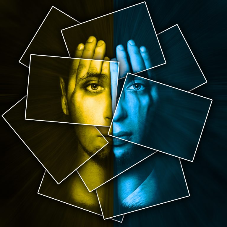 Face shines through hands, face is divided into many parts by cards , double exposure Face shines through hands, face is divided into many parts by cards , double exposure