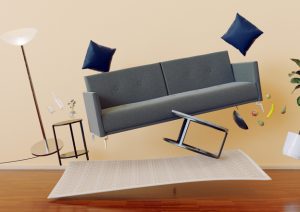 Room furniture being levitated as if by magic.
