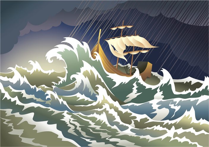 Stylized old-fashioned sailing ship on a stormy sea.