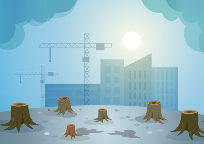 Deforestation for buildings construction with heating and climate change. Earth day,ecology environment and pollution concept. Clear-cut forest in foreground, city skyline under construction in backgrouind.