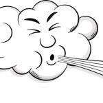 Cartoon "cloud" bearing down and blowing wind.