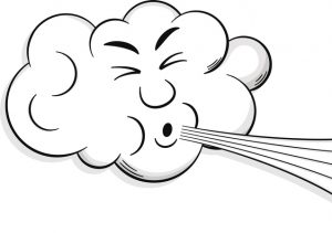 Cartoon "cloud" bearing down and blowing wind.