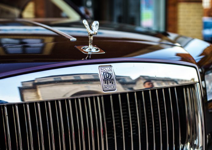 Rolls-Royce Phantom Parked in Coventry Town Centre. Close up of a Rolls Royce grill.