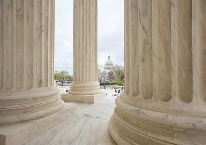 Supreme Court of the United States View of Capitol in Washington, DC From portico of Supreme Court, Capital viewedin the distance.