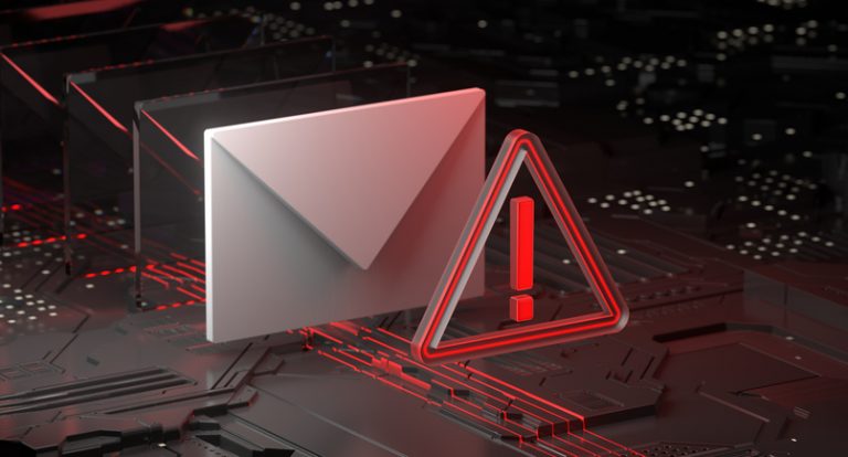 Cyber Security, Phishing, E-Mail, Network Security, Computer Hacker, Cloud Computing, Ransomware Stylized visualization of electronic circuitry with an envelope and exclamatory alarm sign in front of it.