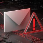 Stylized visualization of electronic circuitry with an envelope and exclamatory alarm sign in front of it.