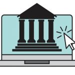 Front of court house stylized image with electrifed arrow pointing to it.