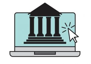 Front of court house stylized image with electrifed arrow pointing to it.