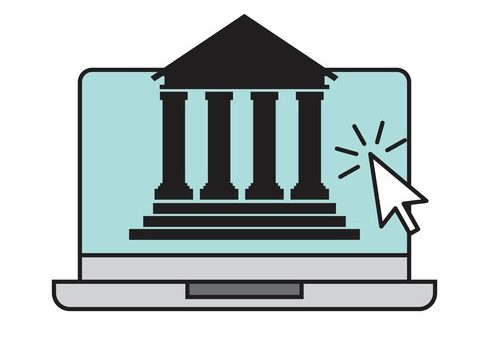bank and money design Front of court house stylized image with electrifed arrow pointing to it.