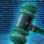 Gavel with digital ones & zeros in the background.